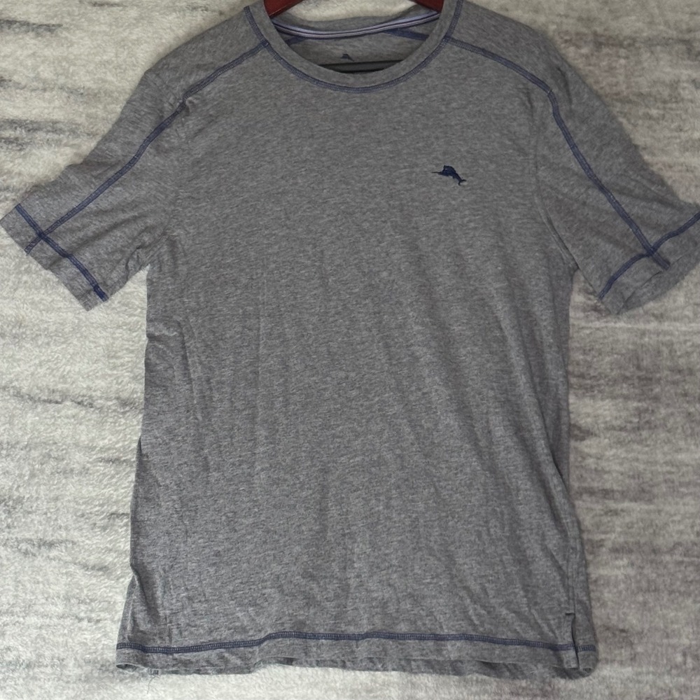 Tommy‎ Bahama Mens Gray Short Sleeve Contrast Stitch Marlin Tee TB62000 Small